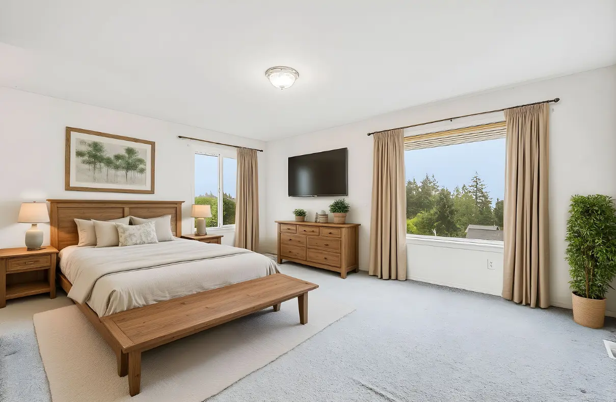 Staged bedroom with bed, dresser, window, and neutral decor