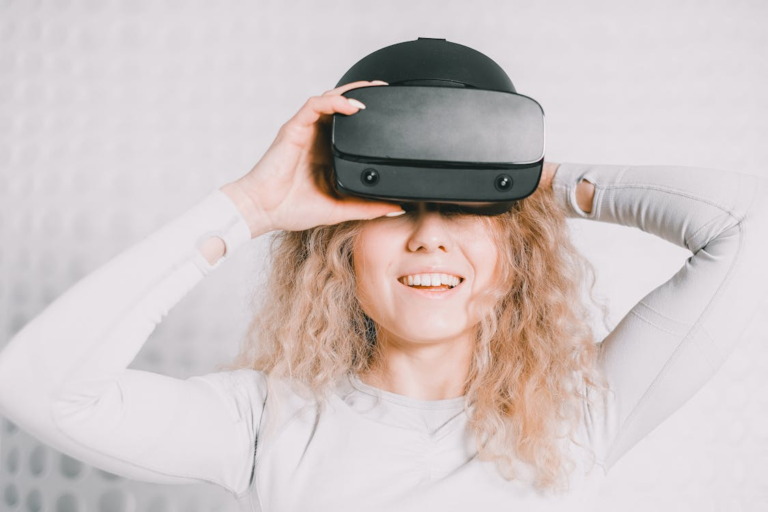 A woman gets a home tour with a VR headset.